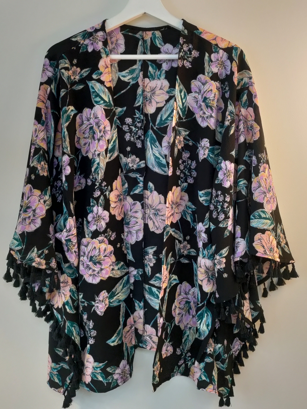 Freshwater Coverup Kimono Open Front Cardigan Size M/L Tassel Lace Multi Floral